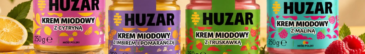 MIODY-HUZAR-krem-miodowy Kremy miodowe HUZAR z cytryną, imbirem i pomarańczą, truskawką oraz maliną