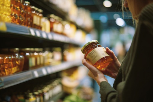 kobieta w sklepie sprawdza etykietę słoika miodu przy półce z różnymi rodzajami miodów kobieta w sklepie sprawdza etykietę słoika miodu przy półce z różnymi rodzajami miodów
